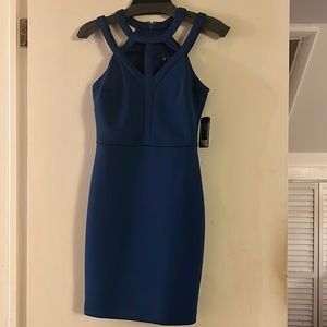 Dark blue, pattern neckline, body con slim fit dress